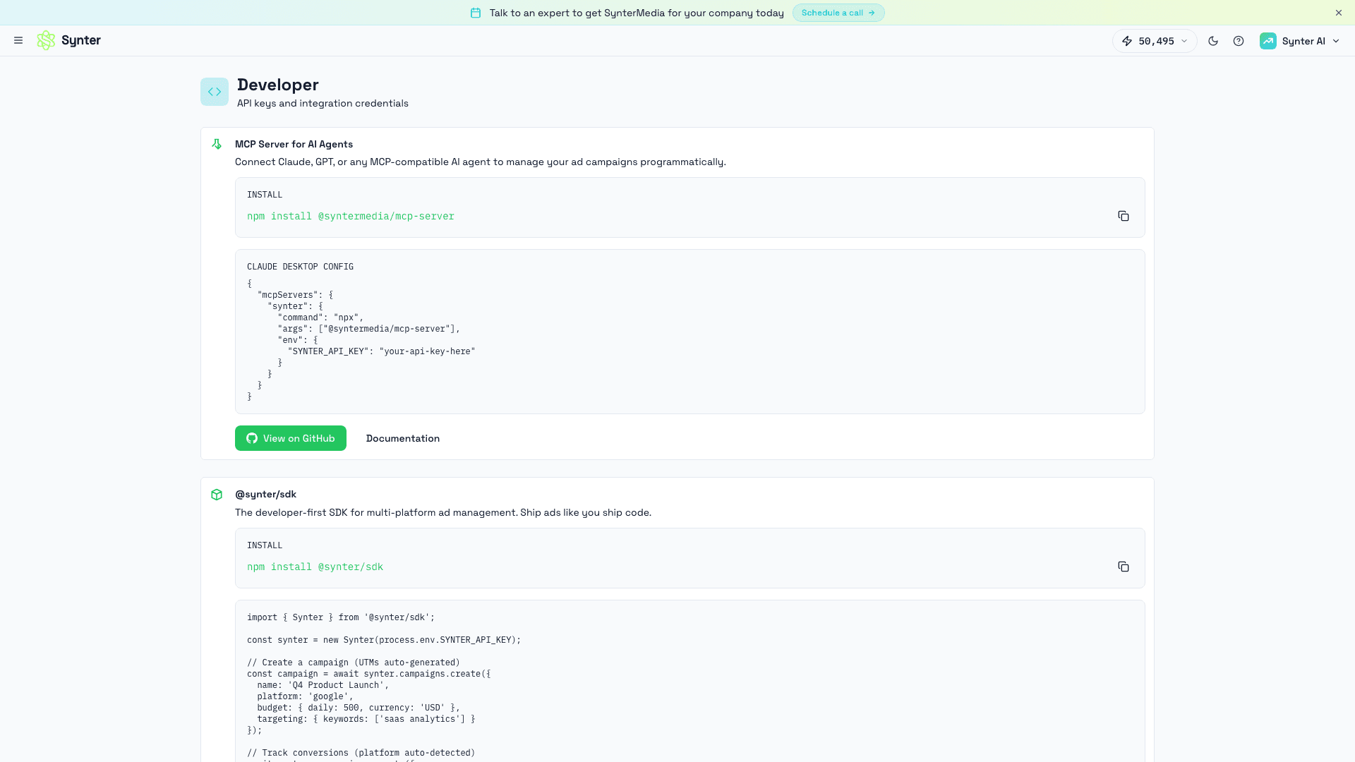 Synter developer page showing MCP server installation, SDK setup, and API key management